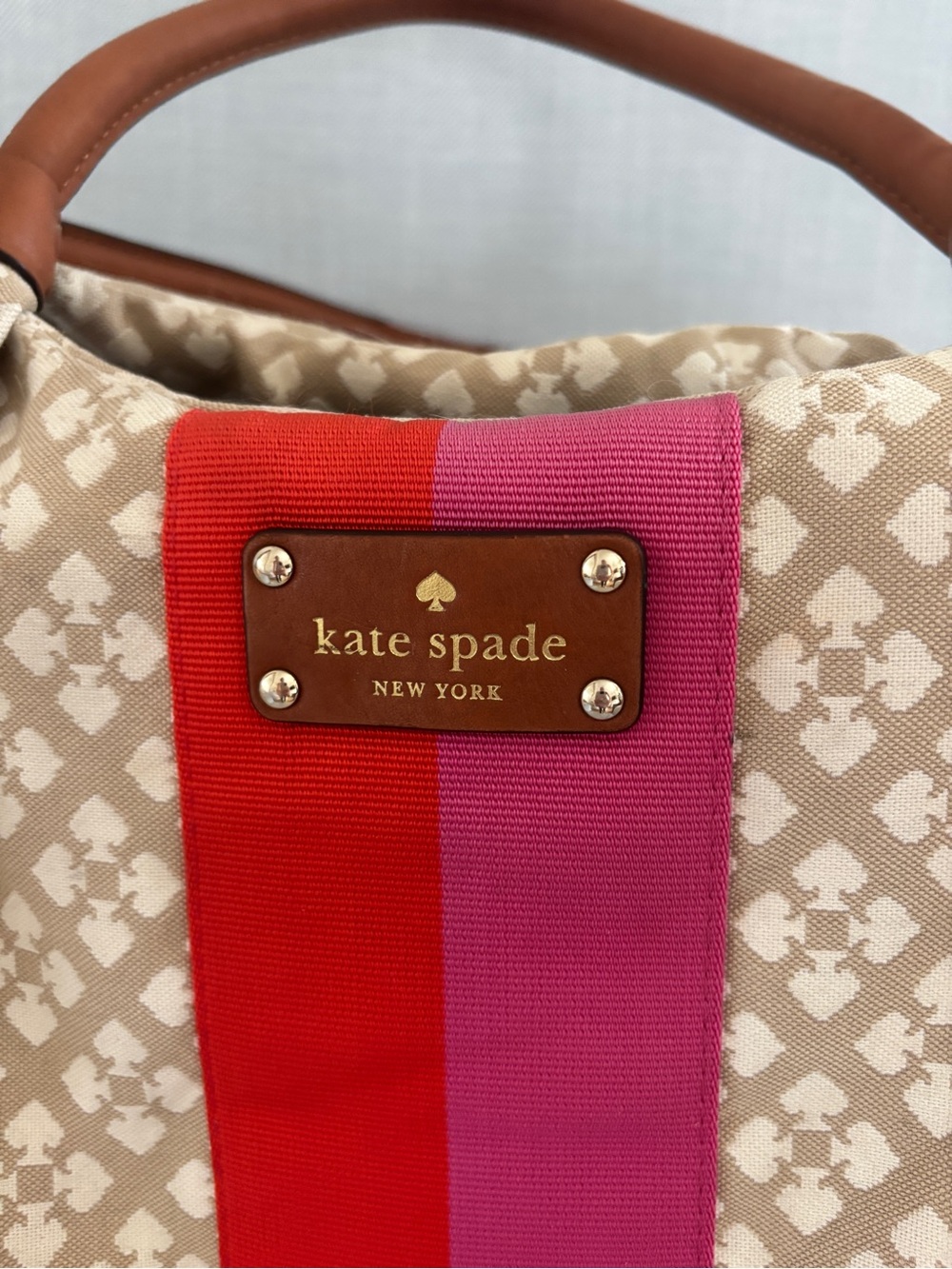 kate spade Beige Monogram Travel Tote with Red and Pink Center Stripe - Picture 2 of 10